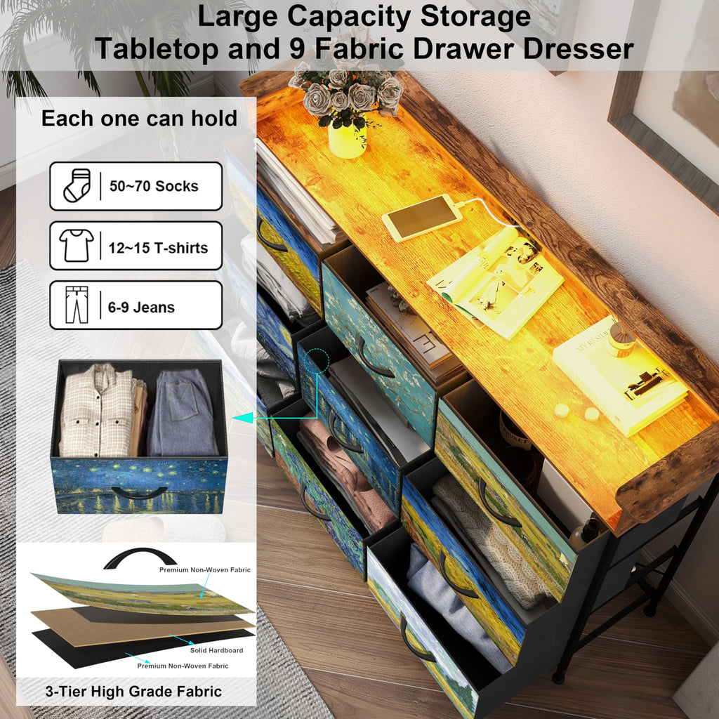 Dresser Van Gogh Dressers with 9 Drawers Chest of Drawers Fabric Clothes Drawer Fabric Closet Organizer Entryway