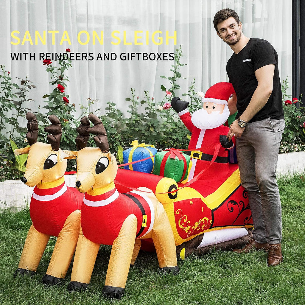 7FT Long Christmas Inflatable Outdoor Decoration, Santa on Red Sleigh, Navidad Blow Up Yard Decor with Built-in LED
