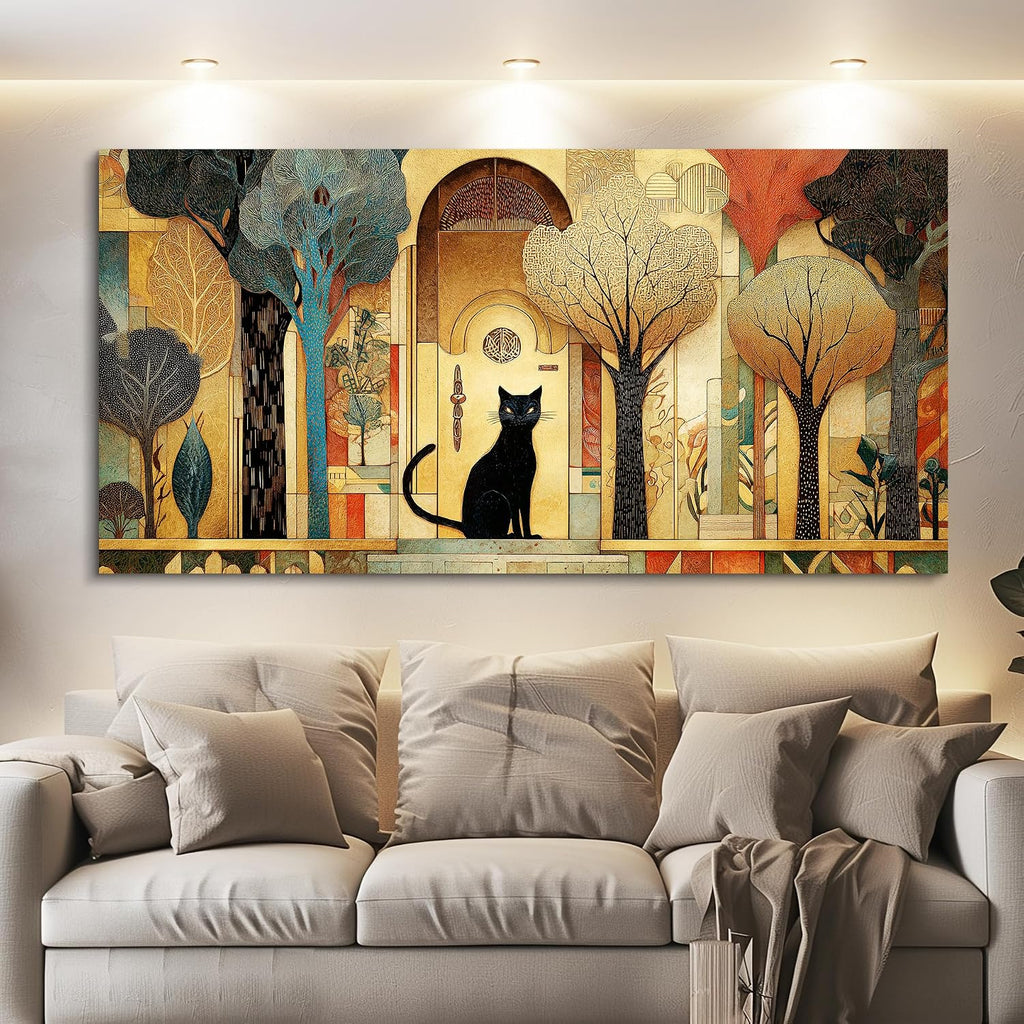 Large Canvas Wall Art Cat Abstract Pictures Vintage Nature Wall Art Modern Farmhouse Cottage Artwork Gold Trees City