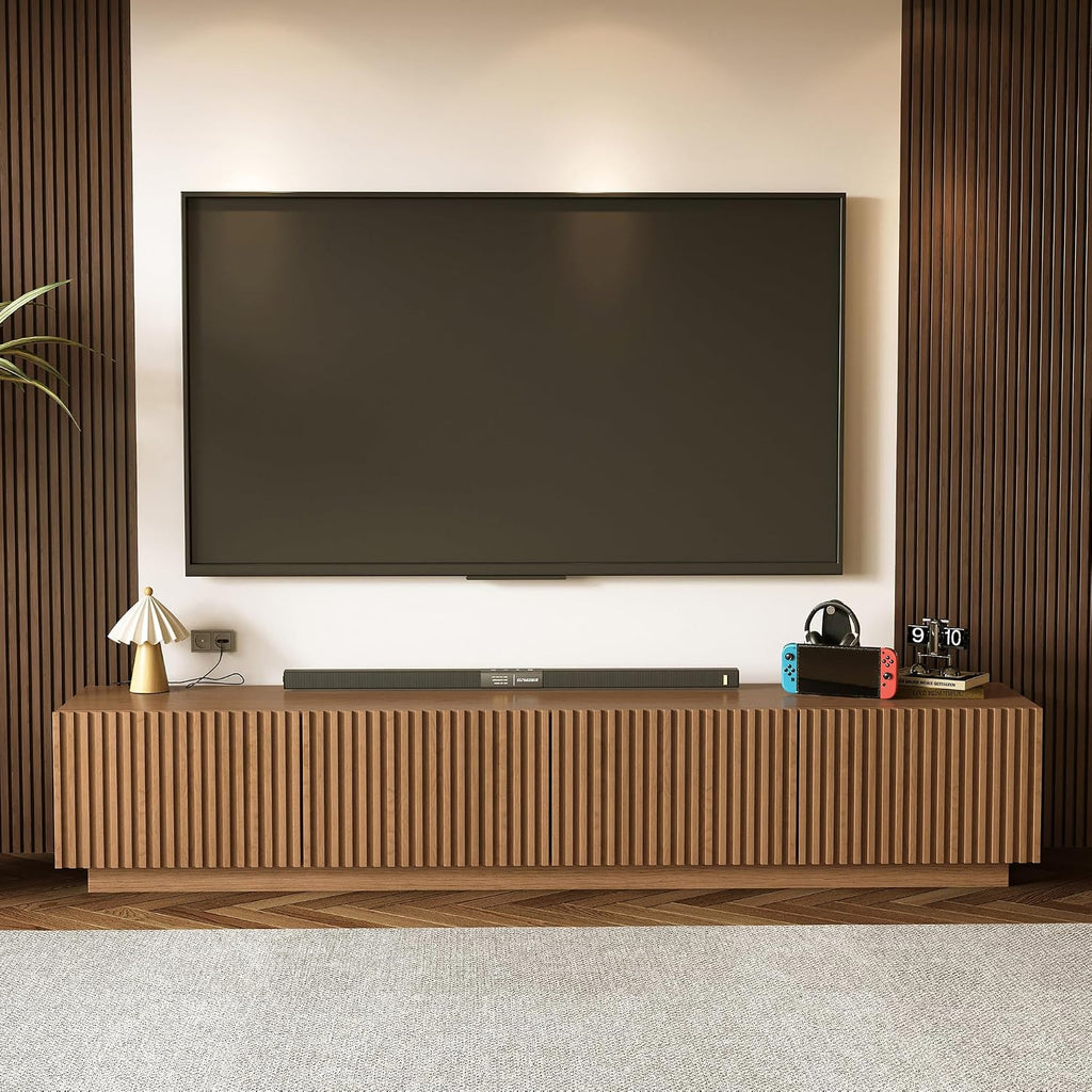86.61" Mid-Century Modern TV Stand, Walnut Entertainment Center with 4 Doors & Adjustable Shelves, Large Wooden Media