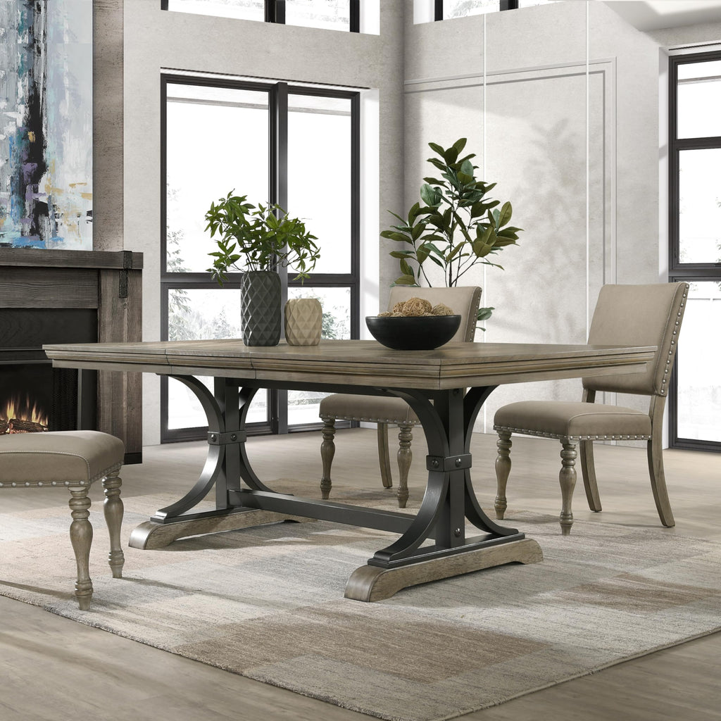 Birmingham 8-Piece Dining Set: Extendable Table with 4 Side Chairs, 2 Armchairs, and a Nailhead Bench, Driftwood