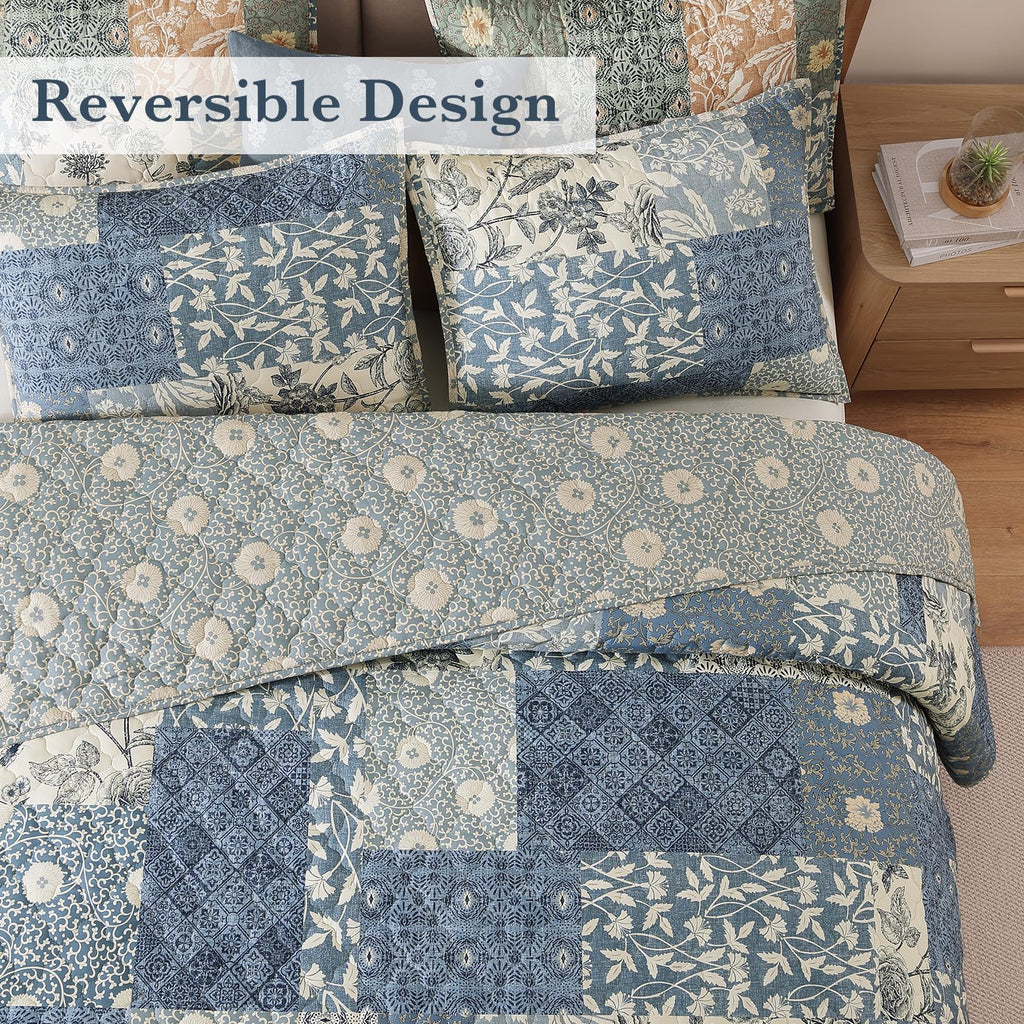 King Quilt Set-3 Pieces Soft Bedspread Floral Patchwork Quilt