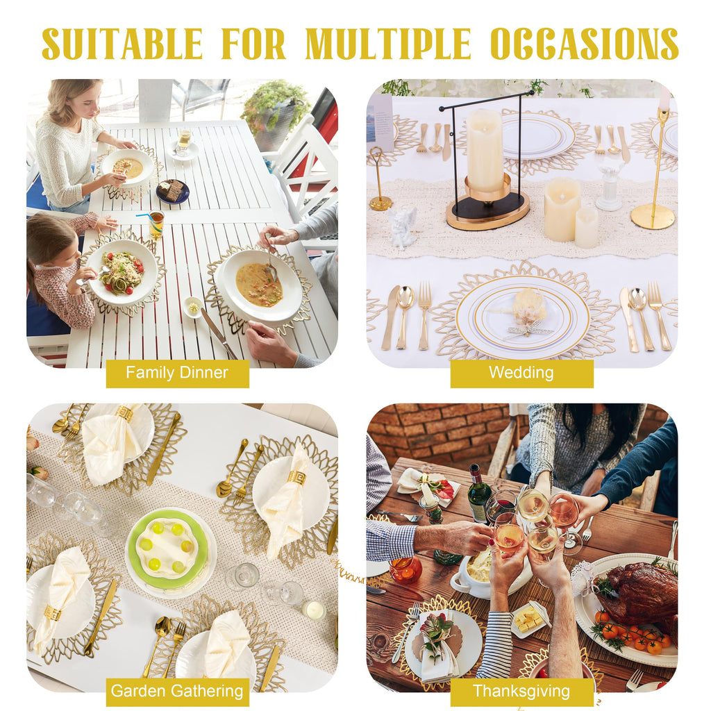 Set of 4 Round Placemats Gold, Heat-Resistant PVC Table Mats with Luxury Metallic Glossy Finish for Thanksgiving
