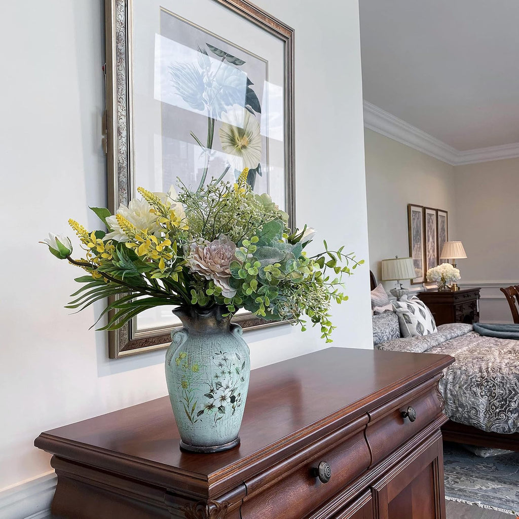 Faux Flowers in Ceramic Vase, Artificial Flower Arrangement Decoration Kitchen Living Dining Room Coffee Table