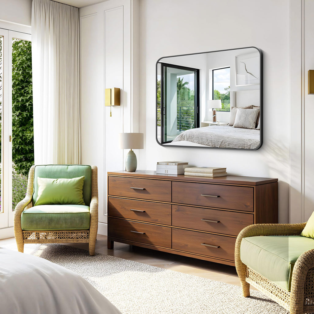 Bathroom Mirror 36"x40", Black Rectangle Mirrors for Wall, Large Metal Framed Vanity Mirror with Rounded Corner