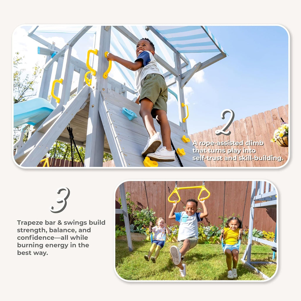 Kids Laguna Outdoor Wooden Swing Set, Gray & Aqua | Slide, Rock Climbing Wall, Fireman Pole & Trapeze Bar, Ages 3-10