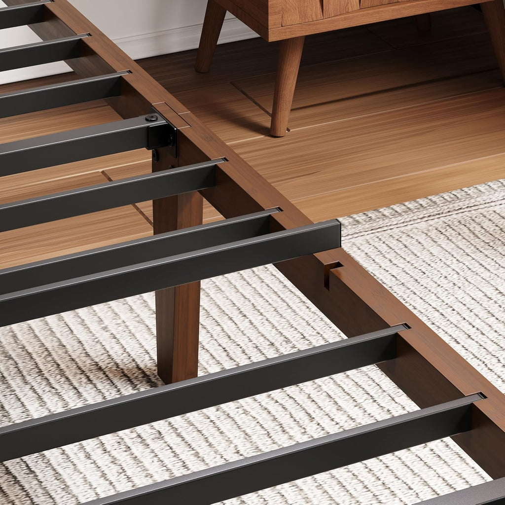 14in High Solid Bamboo Wood Platform Queen Bed Frame with Headboard, Reinforced Heavy Duty Metal Slats, Noise Free