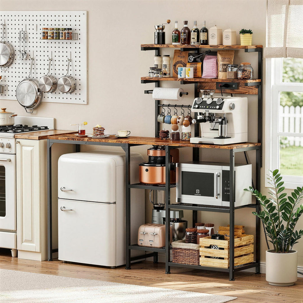 Bakers Rack with Side Table, 5-Tier Coffee Bar with Power Outlets