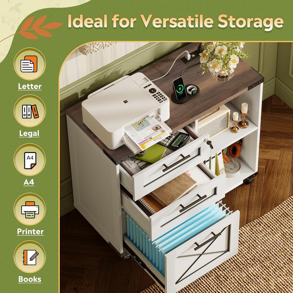 Wood File Cabinet with Charging Station,White | Mobile Lateral Filing Cabinet, Lock, Home Office, Printer Stand, Open