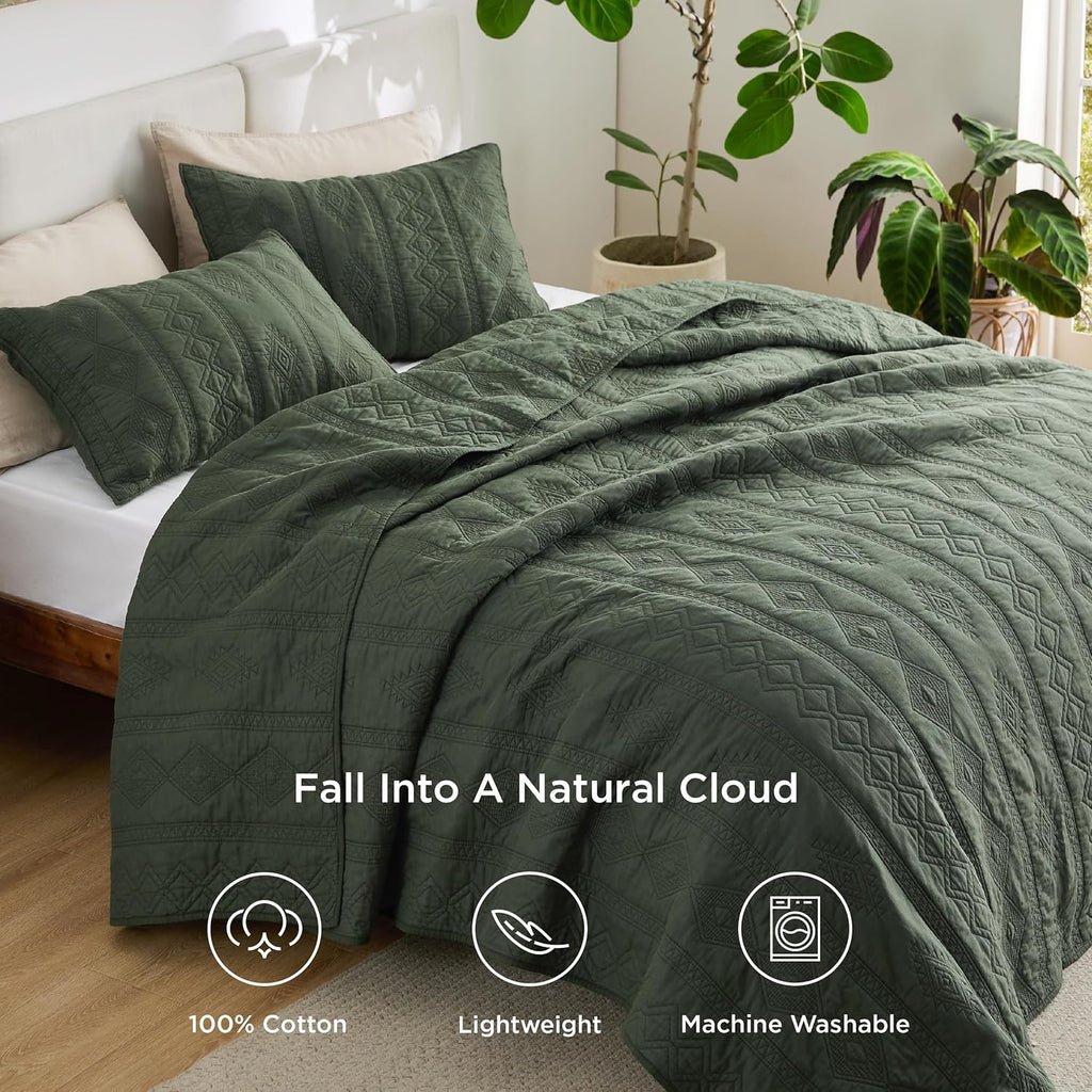 100% Cotton Quilt Set - Queen Bedspread, Lightweight Soft Bed Coverlet, PureWoven, 3-Piece Cozy Stitching Quilt Set
