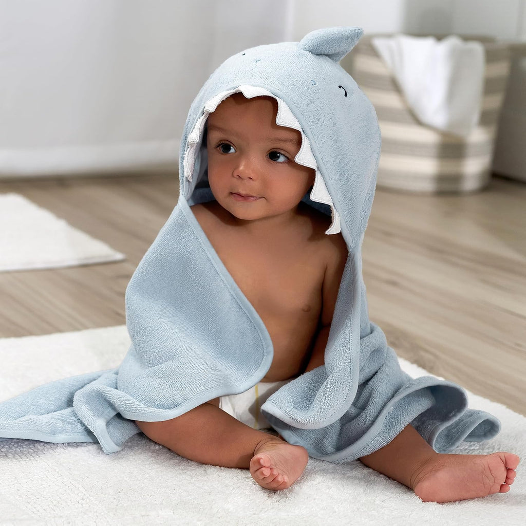Baby 4 Piece Animal Character Hooded Towel and Washcloth Set, Blue Shark, One Size