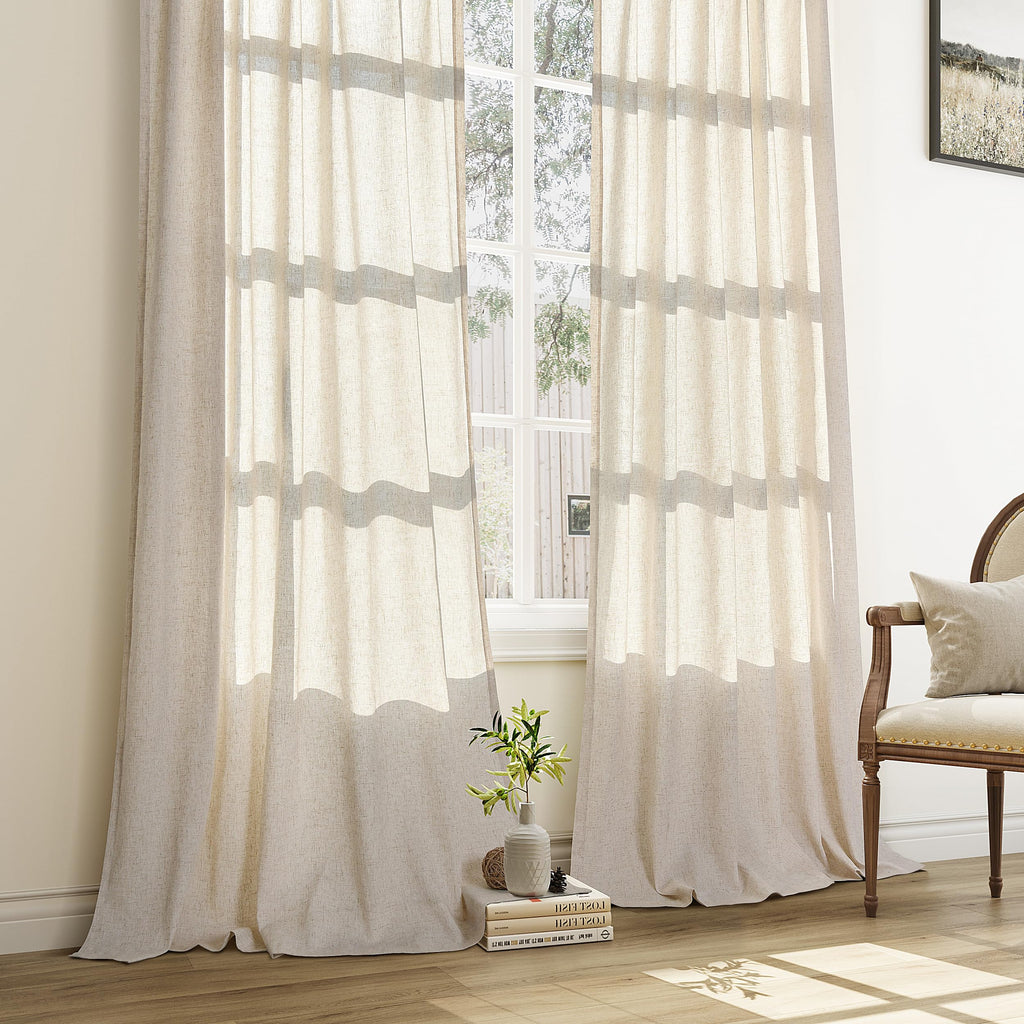 Linen Curtains 96 Inches Long Pinch Pleated Floor to Ceiling 8ft Cream Light Filtering Sheer Curtain Back Tab