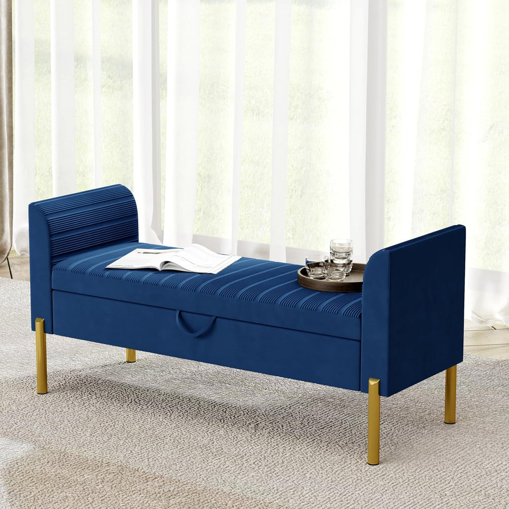Modern Blue Velvet Storage Bench End of Bed Bench Ottoman, Upholstered Armed Entryway Bench Long Settee