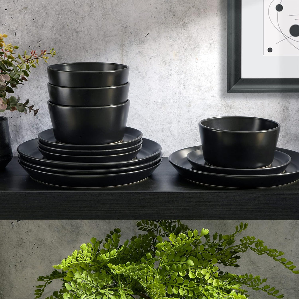 Sofia Coupe 12-Piece Stoneware Dinnerware Set, Service for 4 - Black Plates and Bowls