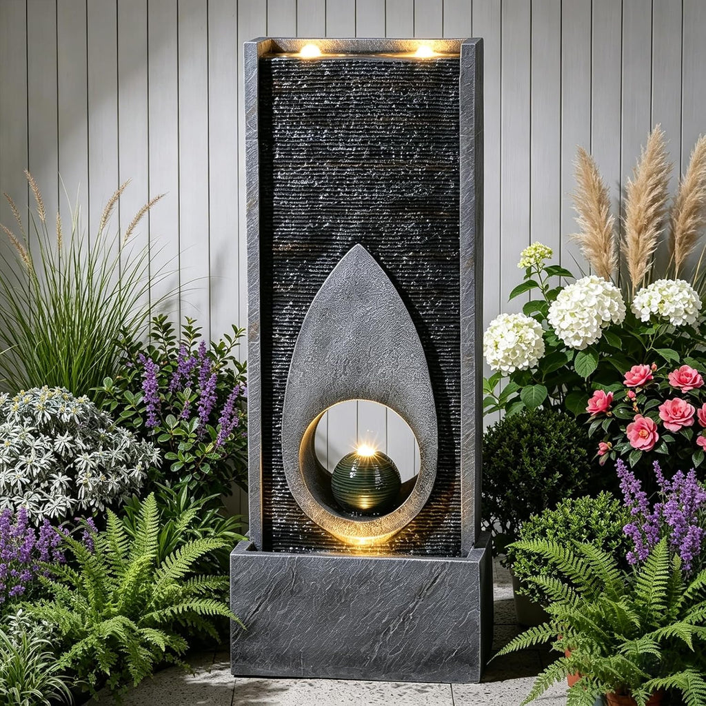 46.5’’Tall Modern Water Fountain Indoor Outdoor Waterfall Feature Floor Standing with Sphere and LED Lights