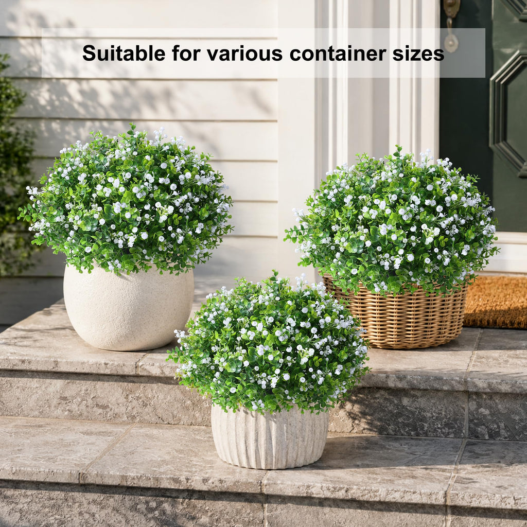 Fake Plants Artificial Flowers for Outdoors Decor, 2 Pack Fake Potted Plants Baby Breath With Green Eucalyptus Look