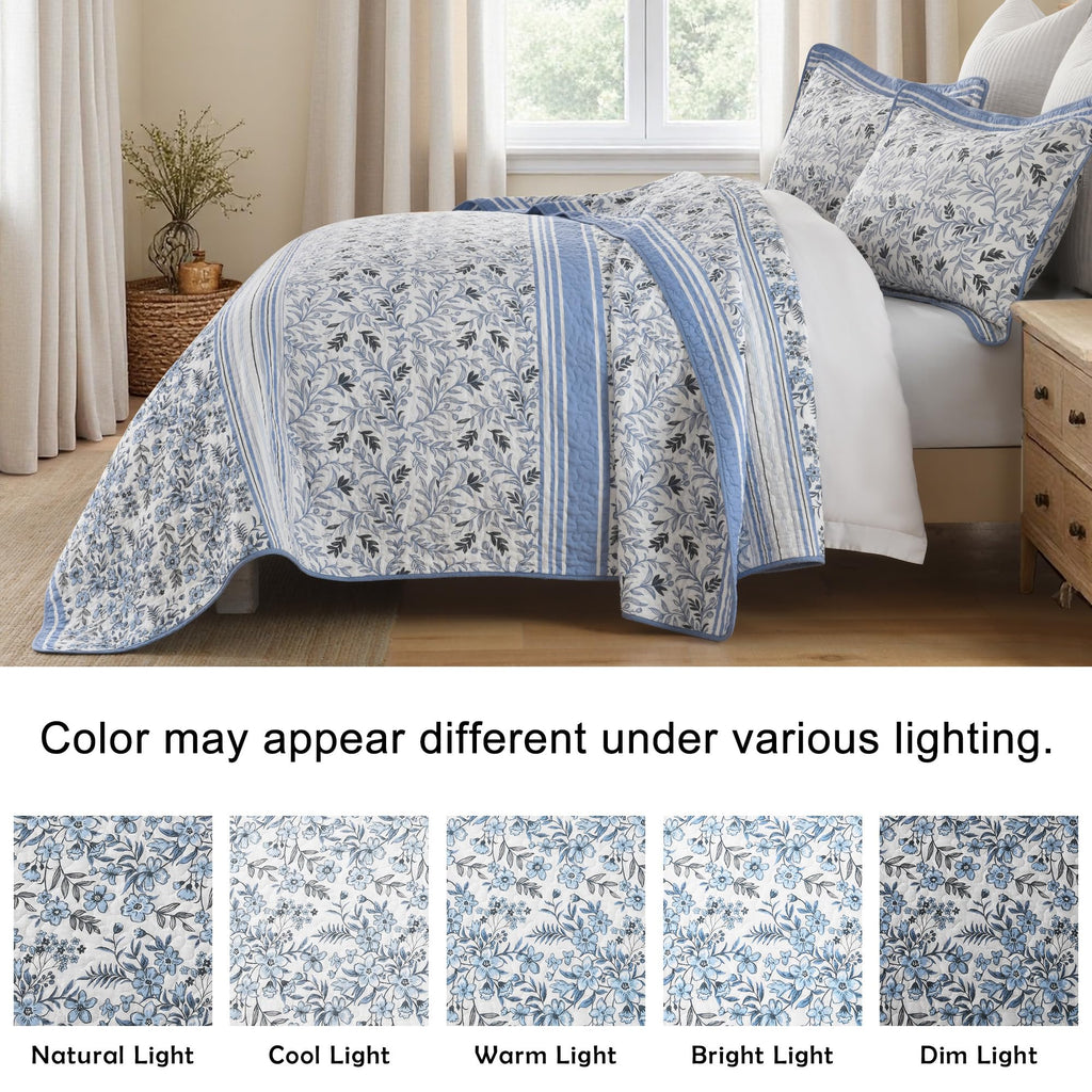 Blue White Toile Quilt, 3-Piece Cotton Bedspread with Shams