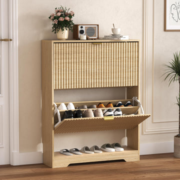 Shoe Cabinet Storage with 2 Flip Drawers, Fluted Shoe Cabinet with Open Storage, Wooden Hidden Shoe Rack Freestanding