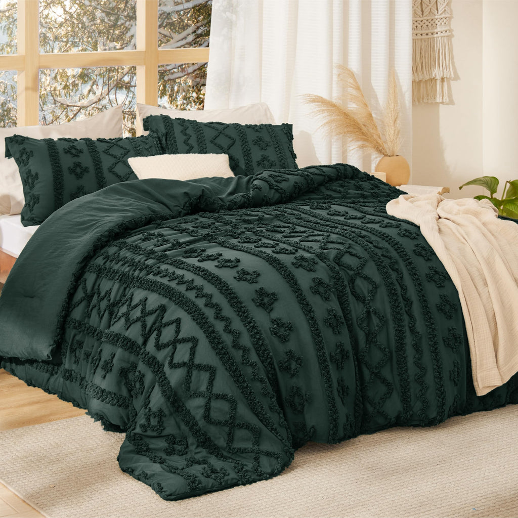 Tufted Boho Comforter Set Twin, Bedroom Decor Bedding Set Dark Green