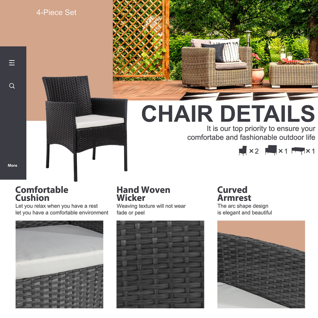 4 Piece Outdoor Patio Furniture Sets, Small Wicker Patio Conversation Furniture Rattan Chair Set with Tempered Glass