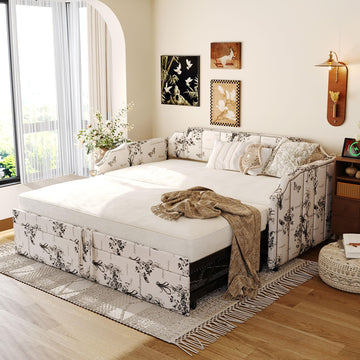 Twin Size Daybed with Trundle, Linen Upholstered Extendable Sofa Bed Frame with USB Ports, Space-Saving Twin to King