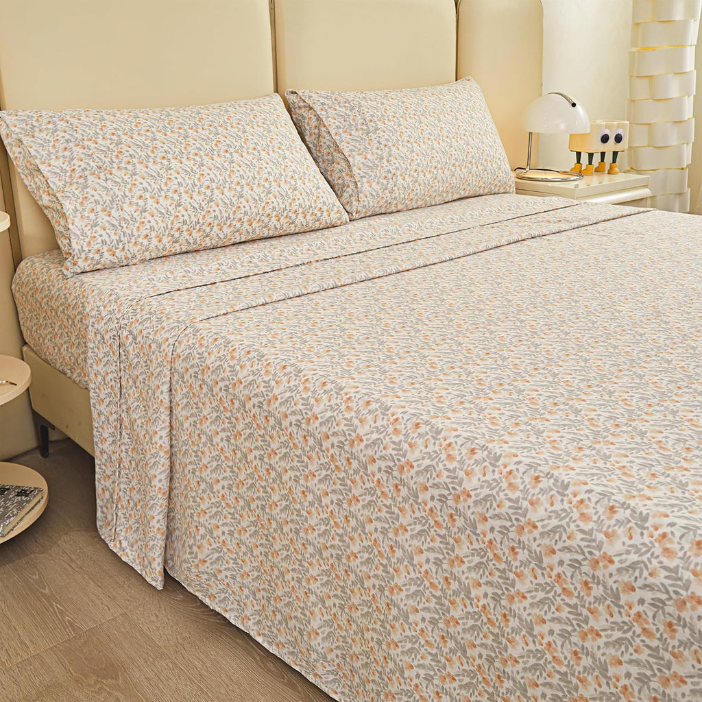 Floral Full Sheet Set - 4 Piece Vintage Light Orange Flower Patterned Bed Sheets - Soft, Breathable Microfiber Sheets