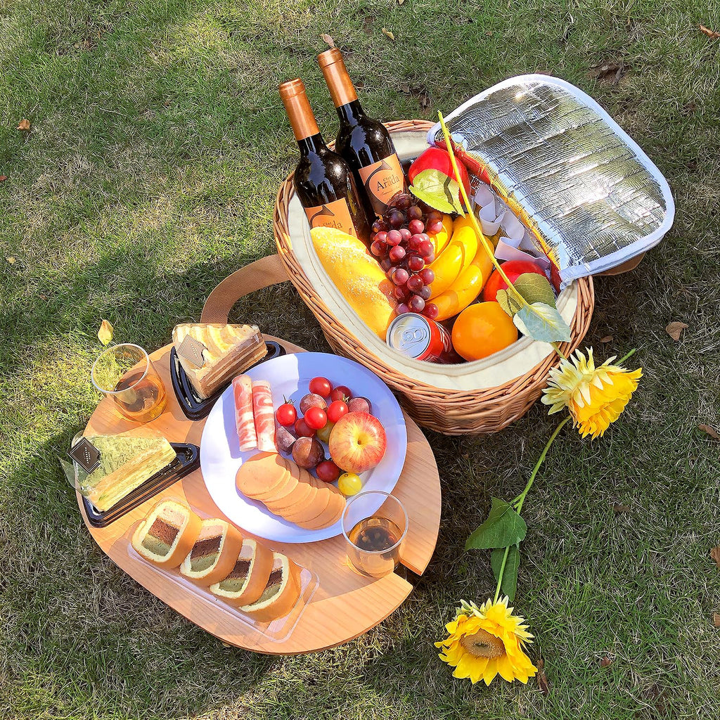 Wicker Picnic Basket Set for 4 with Mini Folding Wine Picnic Table & Large Insulated Cooler Bag & Cutlery Service