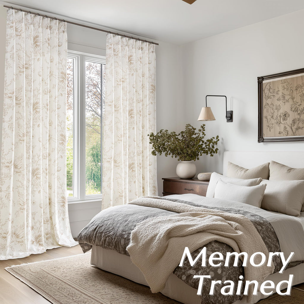 84 Inch Linen Curtains Beige Tan Floral Pattern Pinch Pleat Drapes Bedroom