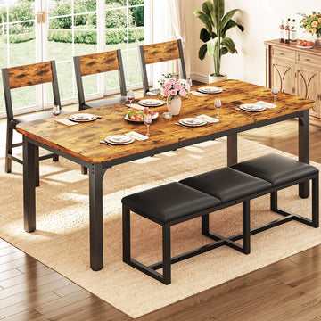 5-Piece Dining Table Set for 6, 63'' Long Kitchen Table Cushion Chairs Set with PU Bench and 3 Chairs, Rectangle