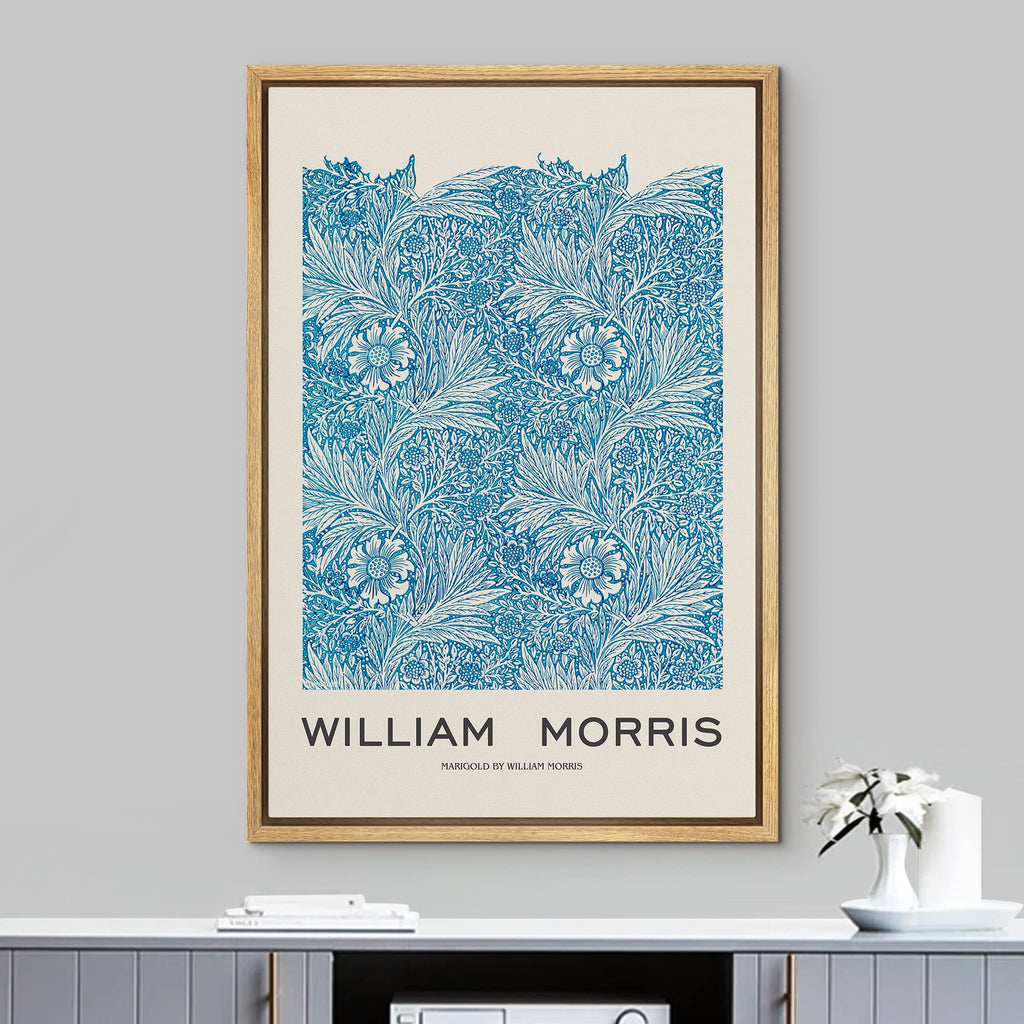 Framed Canvas Print Wall Art Blue Marigold Flowers by William Morris Historic Cultural Illustrations Fine Art
