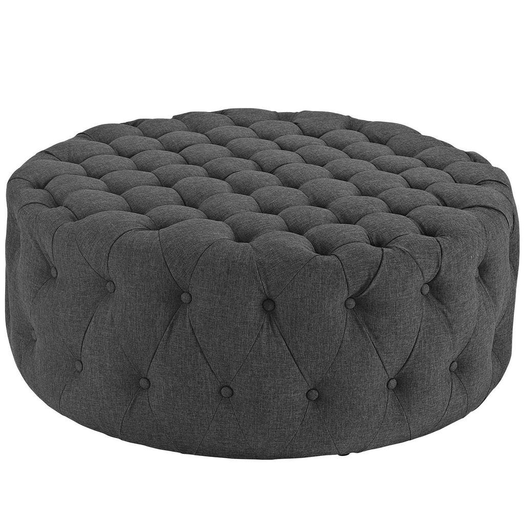GRYAmourFabric Upholstered Button-Tufted RoundOttomanGray