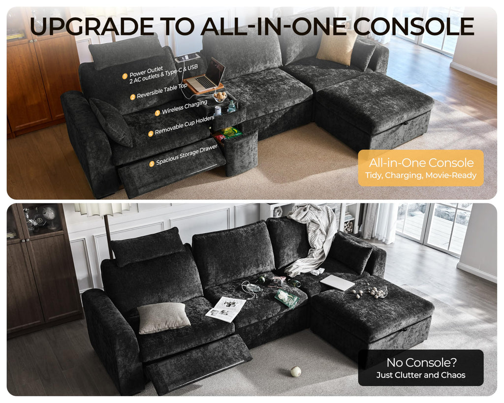 139" Modular Power Recliner Sectional L-shaped Couch with Ottoman, Chenille