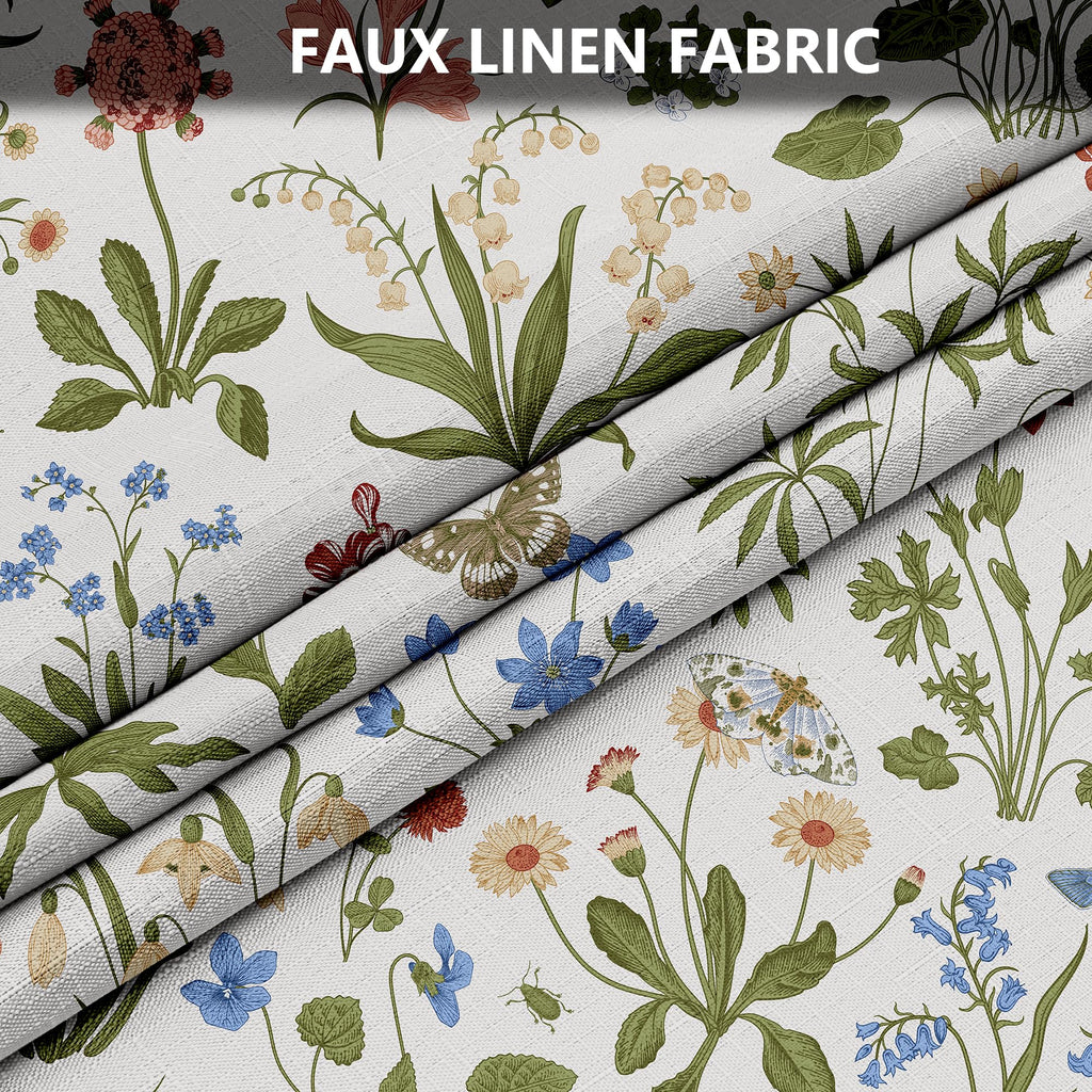 Boho Rustic Floral White 140 GSM Faux Linen, Vintage Morris Abstract Green Leaves Plant with Wildflowers Bathroom