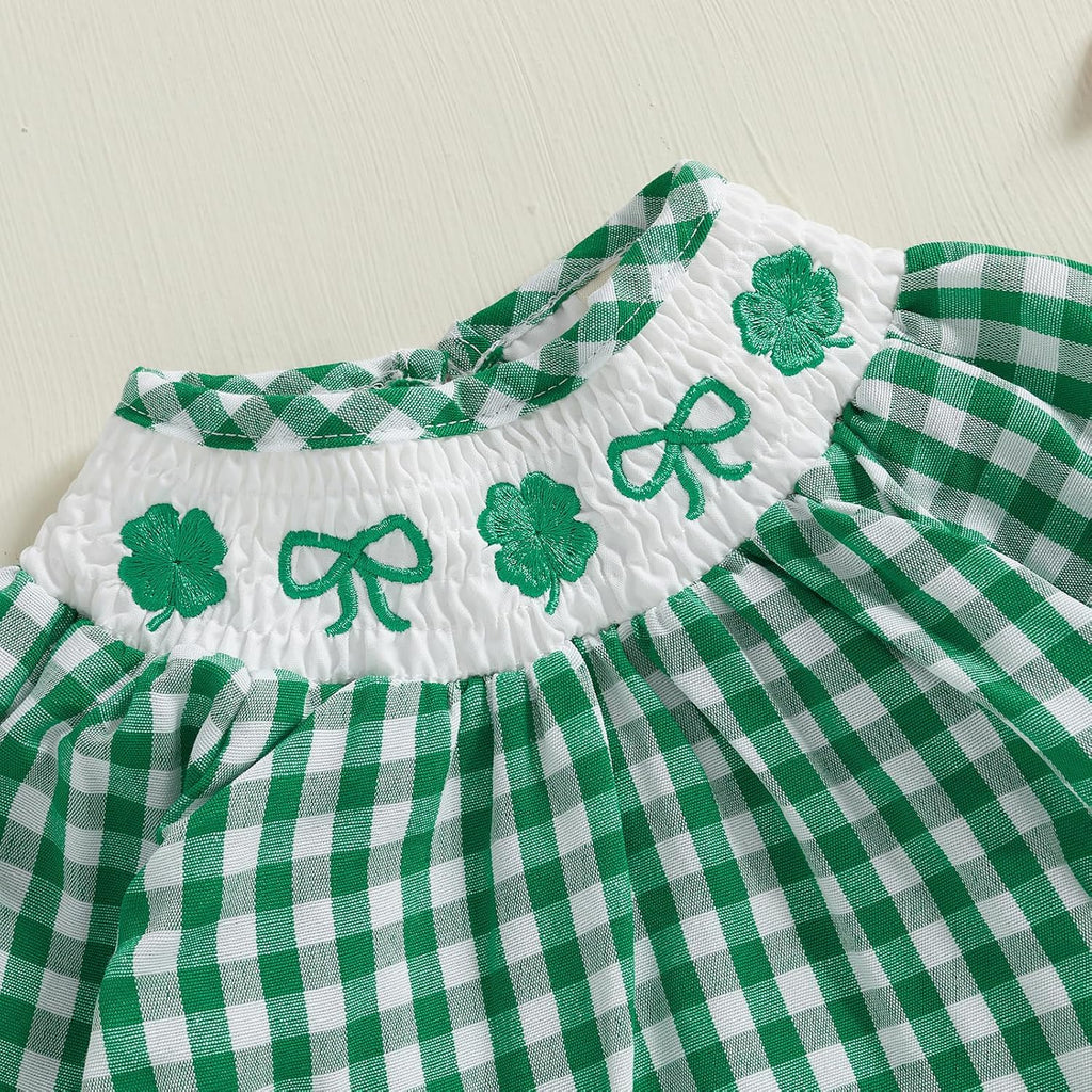 Baby Girl Smocked Romper Plaid Long Sleeve Crew Neck Embroidery Pattern Bubble Onesie Bodysuit Cute Newborn Clothes