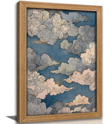 Framed Oriental Cloud Pattern Canvas Wall Art, Blue Gold Traditional Swirl Cloud Print, Elegant Vintage Sky Artwork
