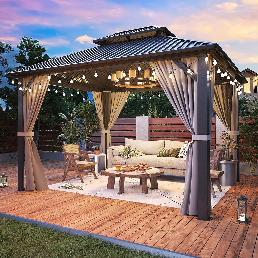10'x12' Gazebo Hardtop Gazebo, Aluminum Frame Pergola with Double Galv