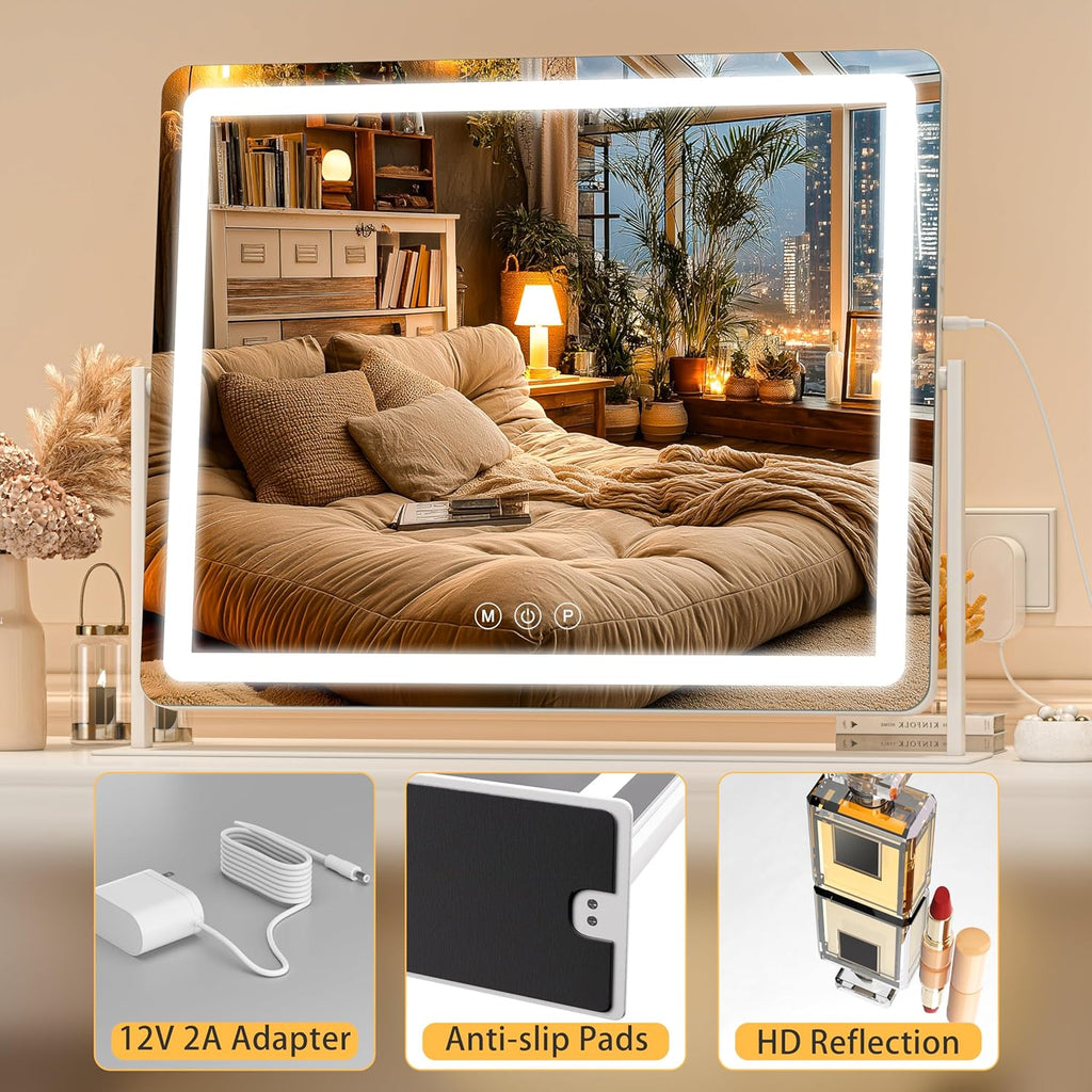 Large Vanity Mirror with Lights 34'' x 25.6'' - Touch Screen Hollywood Makeup Mirror, 3 Color Modes + Dimmable LED