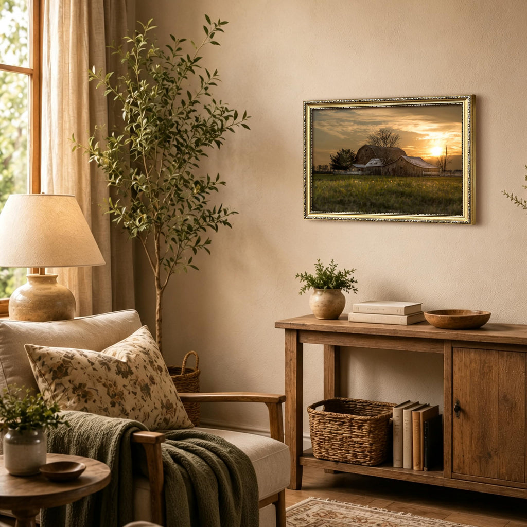 Vintage Gold Framed Sunset Farmhouse Wall Art, Rustic Country Barn Canvas Painting Print Picture, Retro Rural