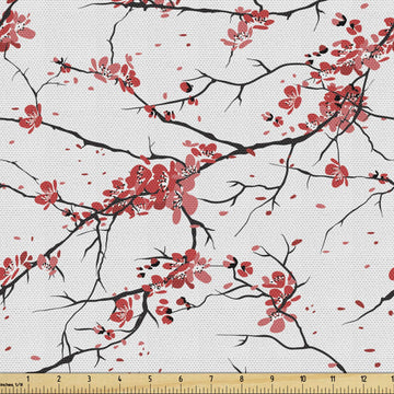 Nature Fabric by The Yard, Illustration of Sakura Branches Windy April Weather in Japanese Painting Style Art