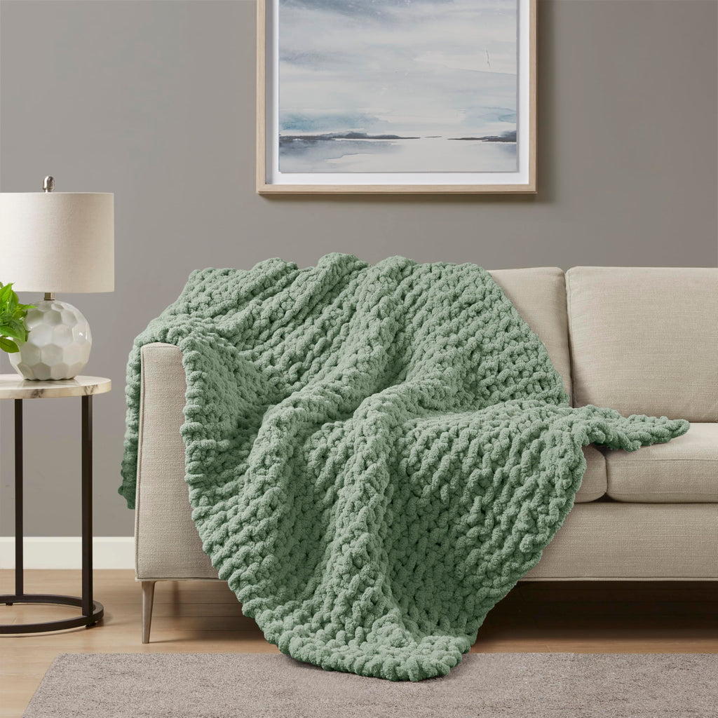 Chenille Chunky Knit Throw Blanket, 50 x 60", Sage Green