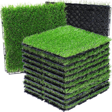 Artificial Grass Tiles Interlocking Turf Squares Deck 9 Pack -12"x12" Indoor Outdoor Faux Grass Rug with Drainage
