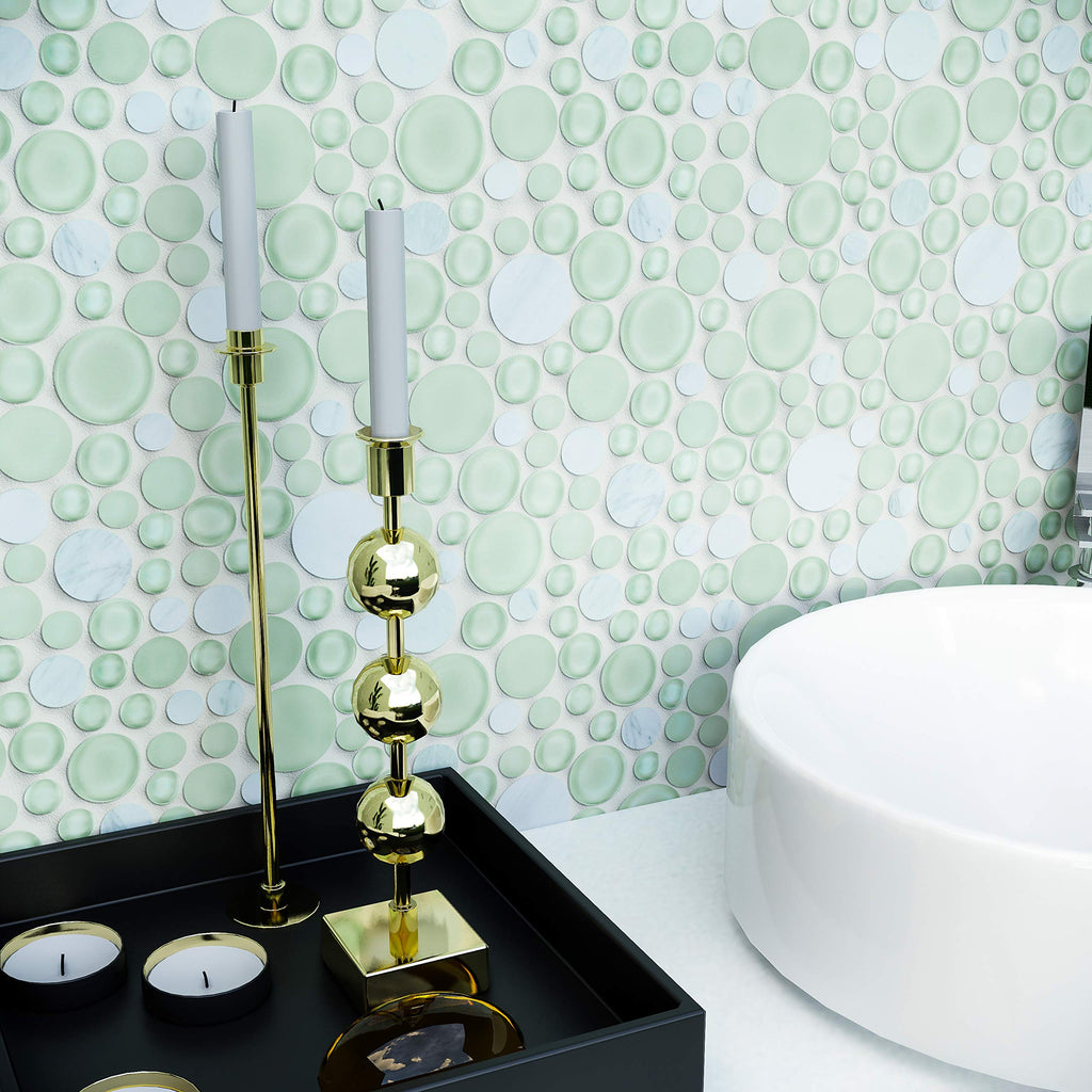 Snow Dove Glass and White Marble Bubbles Mosaic Tile 10.5 x 10.5 in - Frosted and Polished, Mesh-Mounted for