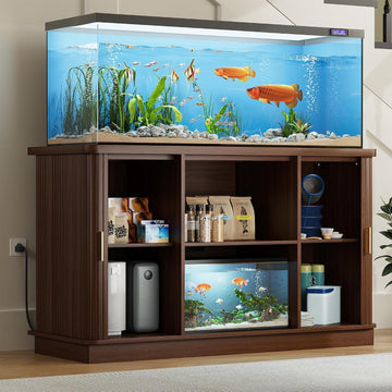 55-75 Gallon Fish Tank Stand with Power Outlet, Mid Century Modern Aquarium Stand with Adjustable Shelves and Sliding