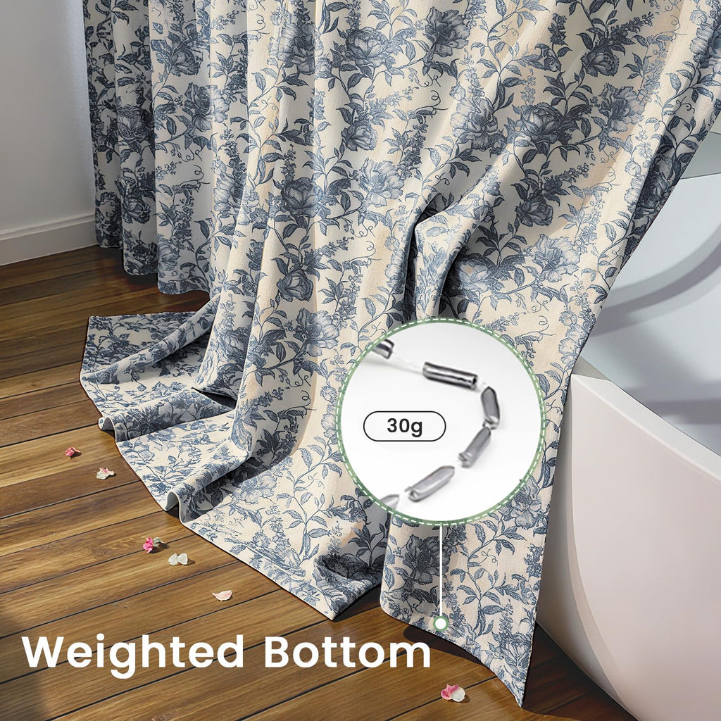 Farmhouse Blue Floral Shower Curtain with 12 Clear Rings 72"W x 84"L