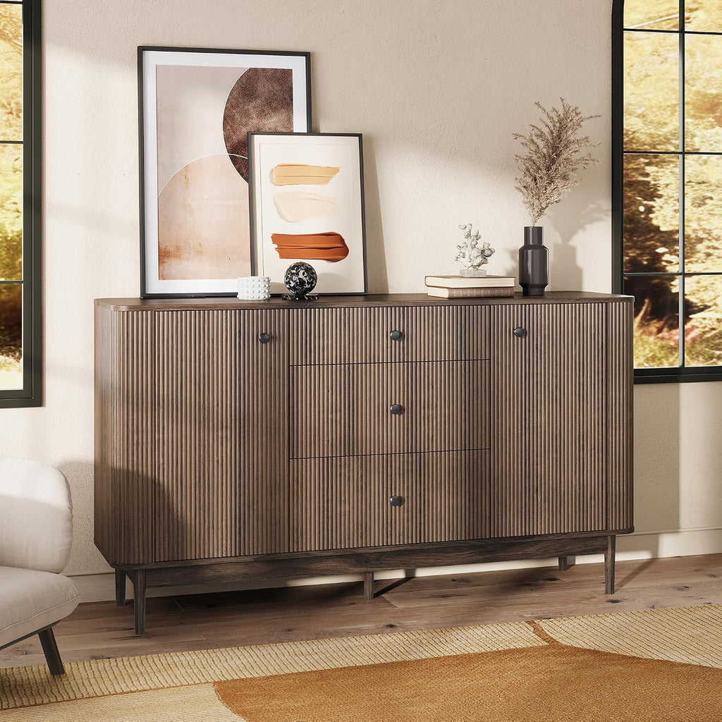 59" Buffet Cabinet with Drawers, Large Fluted Sideboard Buffet Storage Cabinet with Charging Station