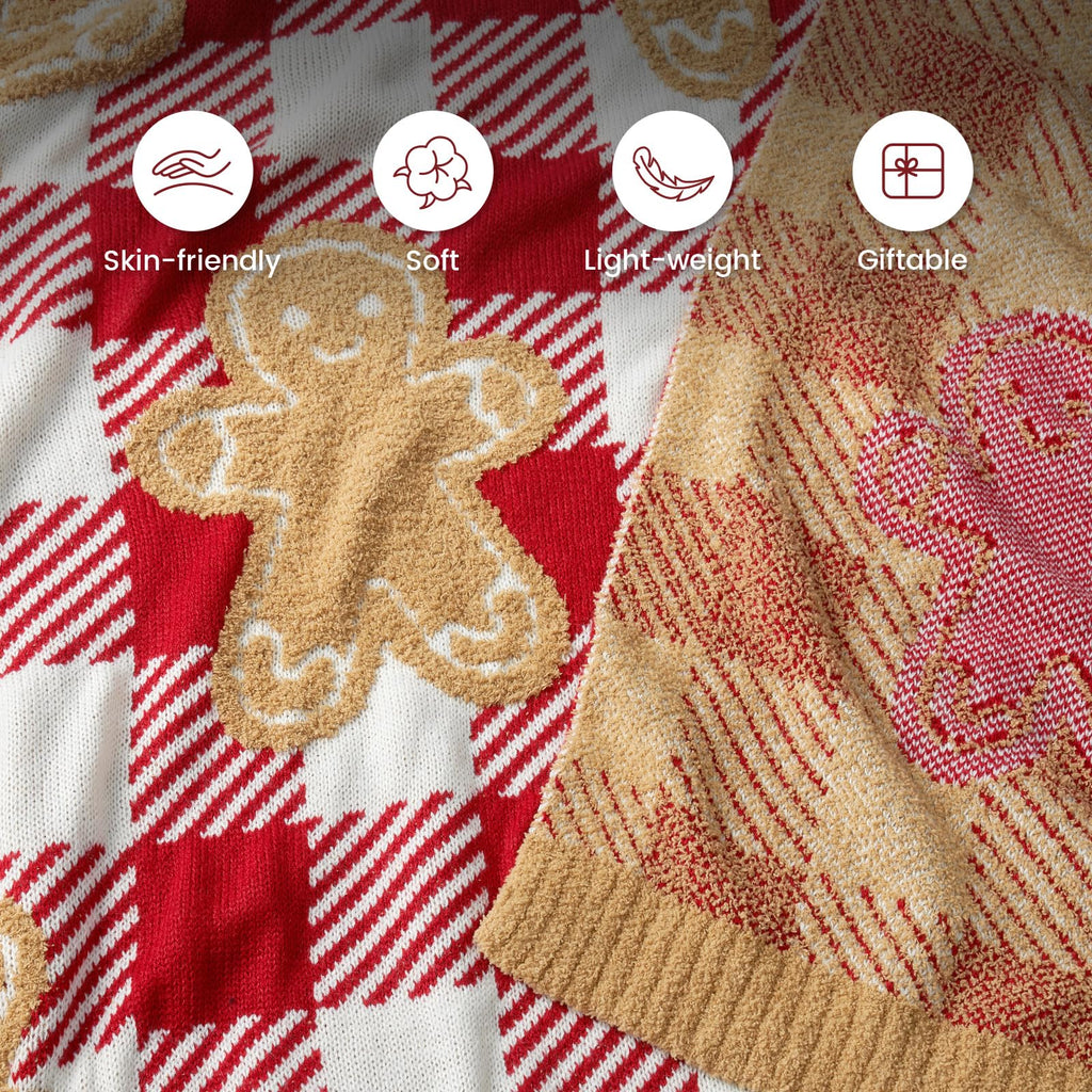 Gingerbread Man Throw Blanket Red White Plaid Checkered Blanket 50x60 inches, Ultra Soft Cozy Throw Blanket for