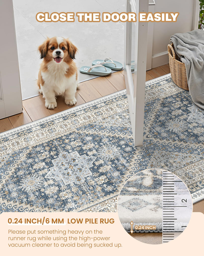 Hallway Runner Rug 2x12 Extra Long Washable Runner, Blue/Beige