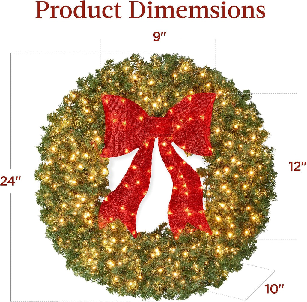 24in Large Artificial Pre-Lit Fir Christmas Wreath Holiday Accent Decoration for Door, Mantel w/Red Lighted Bow, 70