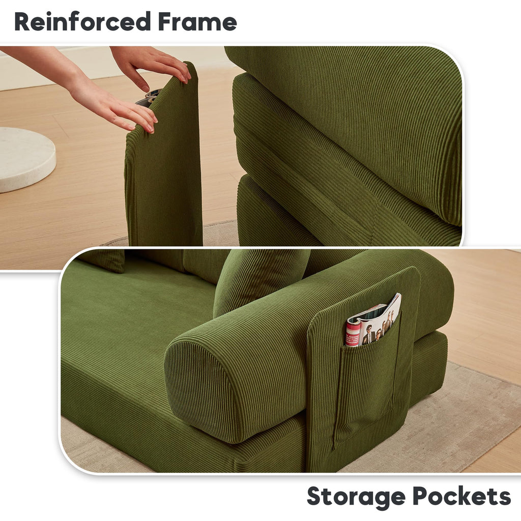 107" Modular Sectional Sofa Bed, L-Shape Corduroy Boneless Couch, Green
