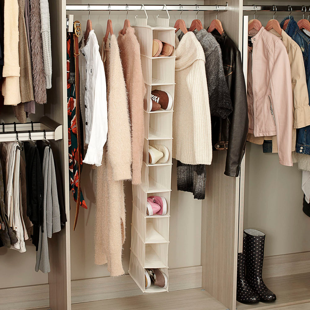 Hanging Shoe Storage Organizer for Closets |10 Pocket Shelves | Natural Canvas